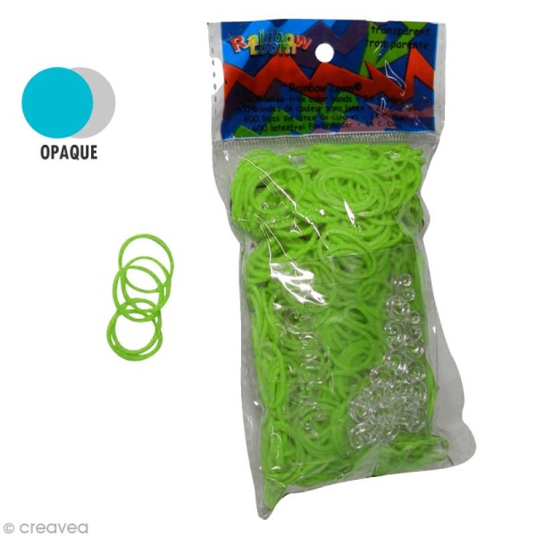 Recharge Rainbow loom 600 élastiques - Vert fluo + 24 fermoirs - Photo n°1