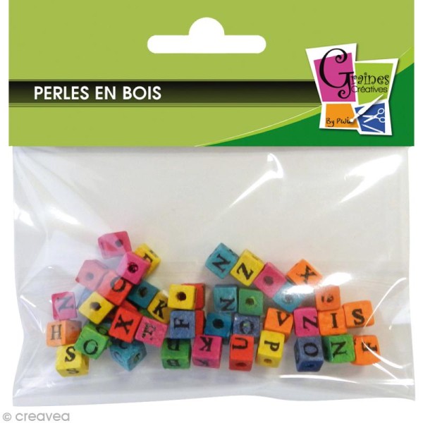 Perle en bois couleur - Cube alphabet 8 mm - 45 pièces - Photo n°1