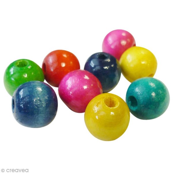 Perle en bois couleur - Assortiment 15 mm - 50 pièces - Photo n°1