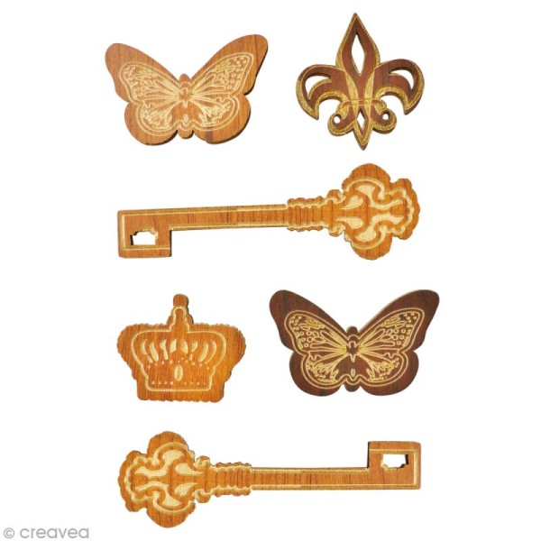Miniature en bois adhésive 3D - Papillons et clés - 6 pcs - Photo n°1