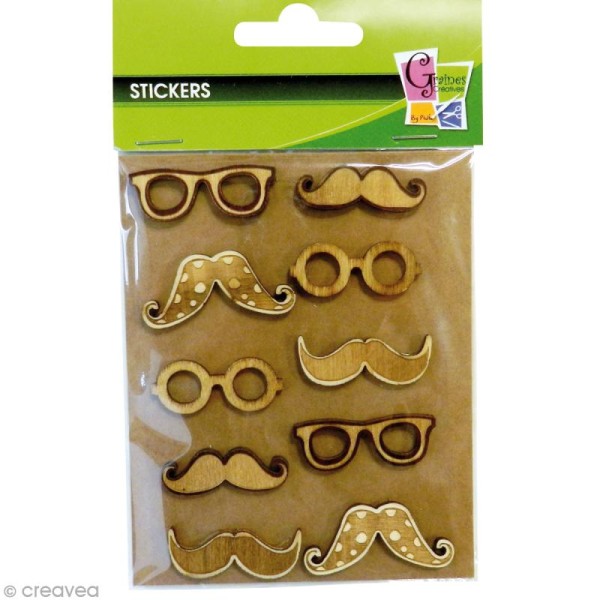 Miniature en bois adhésive 3D - Lunettes et moustaches - 10 pcs - Photo n°3
