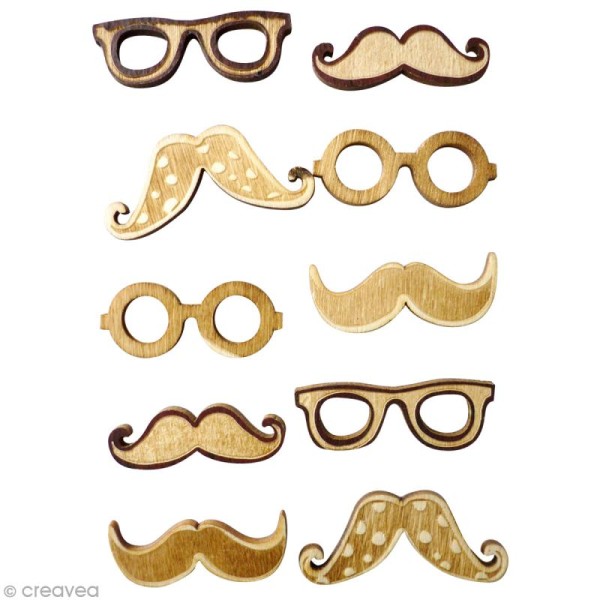 Miniature en bois adhésive 3D - Lunettes et moustaches - 10 pcs - Photo n°1