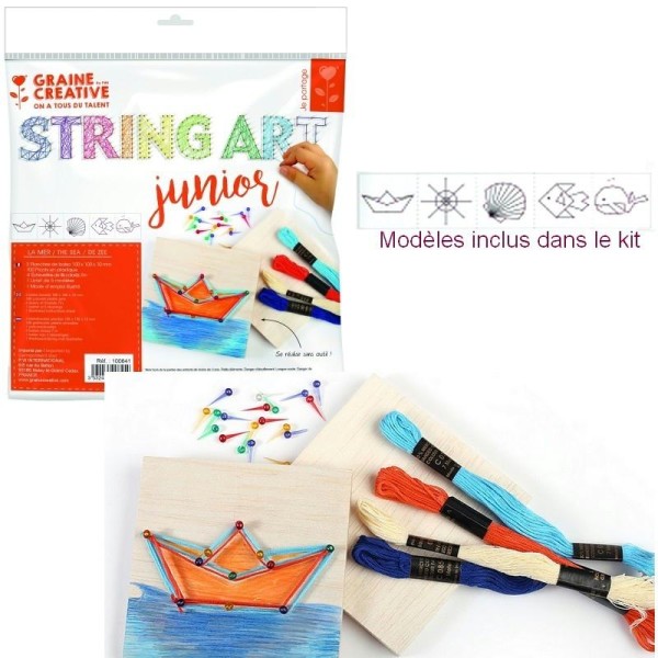 Kit 3 Tableaux string art Junior thème Mer, picots et fils, dim. 10 x 10 x 1 cm, à suspendre - Photo n°1