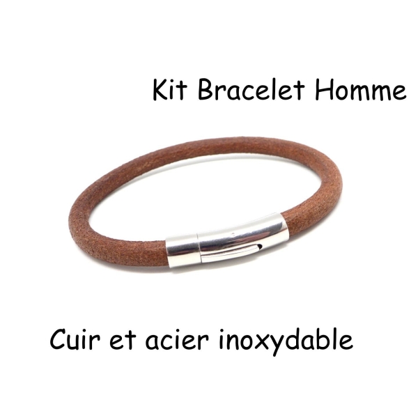 Kit Bracelet Homme Cuir Marron Et Fermoir Acier Inoxydable 6mm - Photo n°1