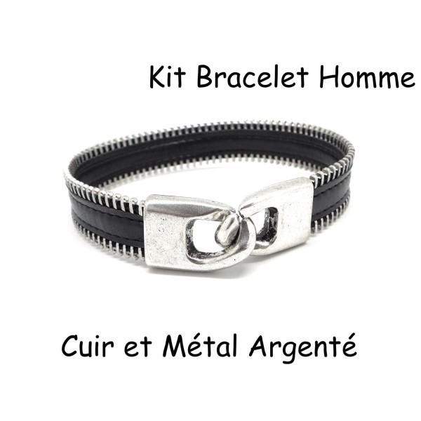 R-kit Bracelet Homme Cuir Noir Et Fermoir Crochet En Métal Argenté - Photo n°1