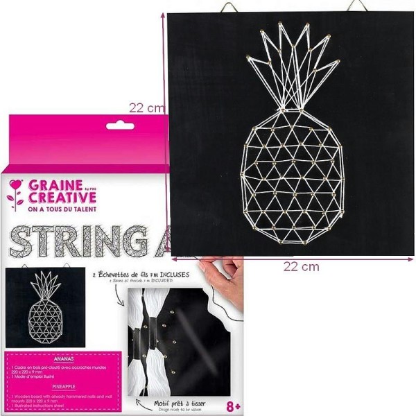 Kit Tableau string art Ananas noir Carré, clous et fils, dim. 22 x 22 x 0.9 cm, à susprendre - Photo n°1