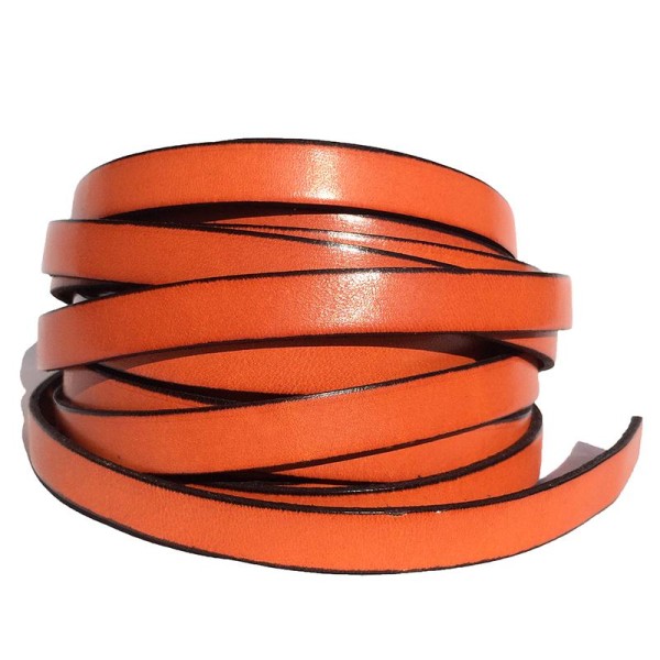 Lanière de cuir plat 10 mm, couleur orange, vendu par 1 mètre. - Photo n°1