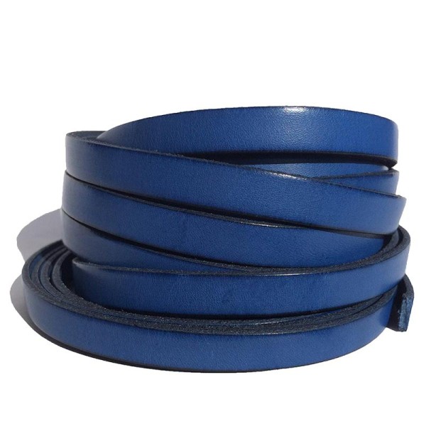 Lanière de cuir plat 10 mm, couleur bleu, vendu par 1 mètre. - Photo n°1