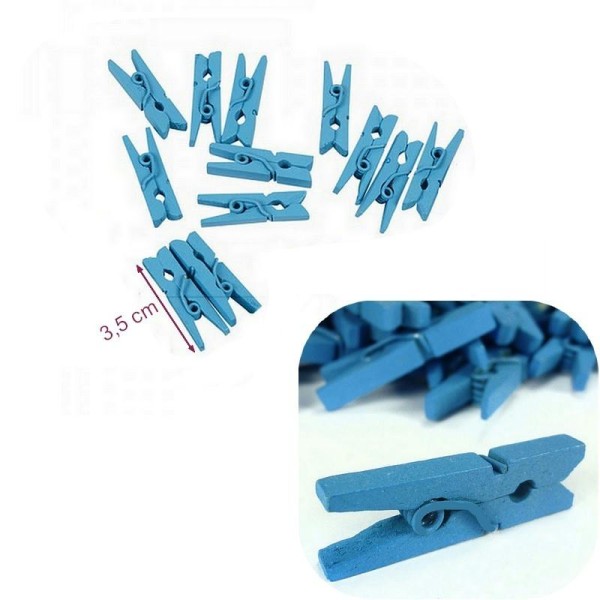 Lot de 12 Minis Pinces à Linge en Bois Bleu Azur, dim. 3,5 x 0,6 cm, pour déco de table - Photo n°1