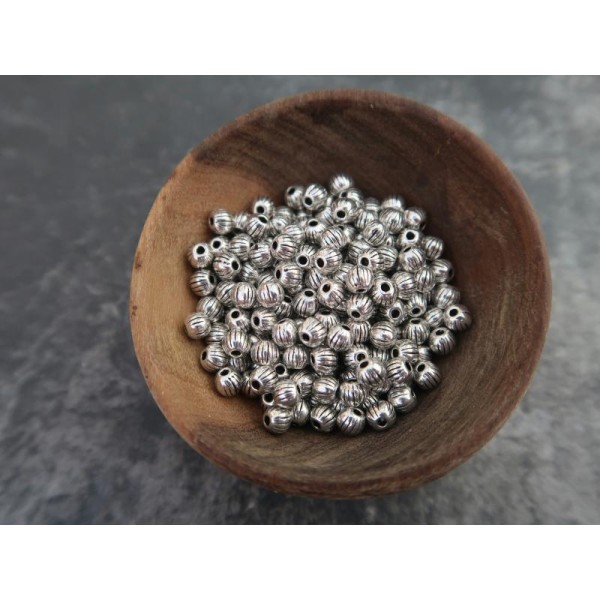 3.5 mm, Perles citrouilles, Perles intercalaires rondes rayées en métal argenté, 50 pcs - Photo n°1