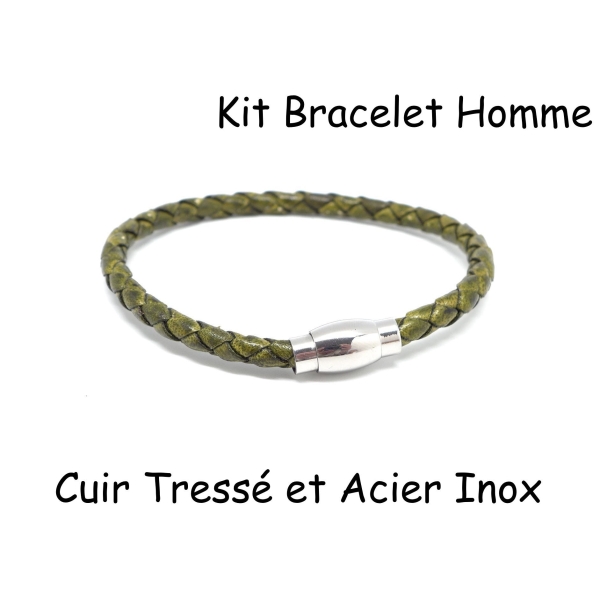 Kit Bracelet Homme Cuir Tressé Vert Olive Et Fermoir Aimanté En Acier Inoxydable - Photo n°1