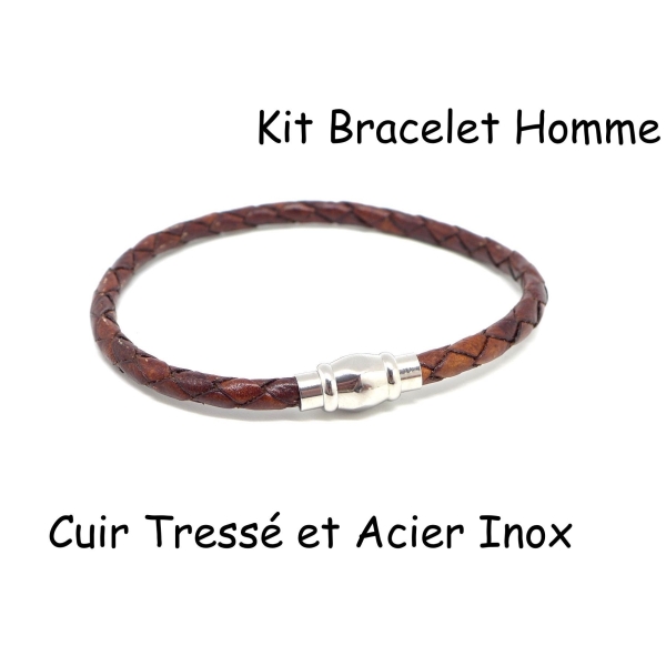 R-kit Bracelet Homme Cuir Tressé Marron Et Fermoir Aimanté En Acier Inoxydable 5mm - Photo n°1