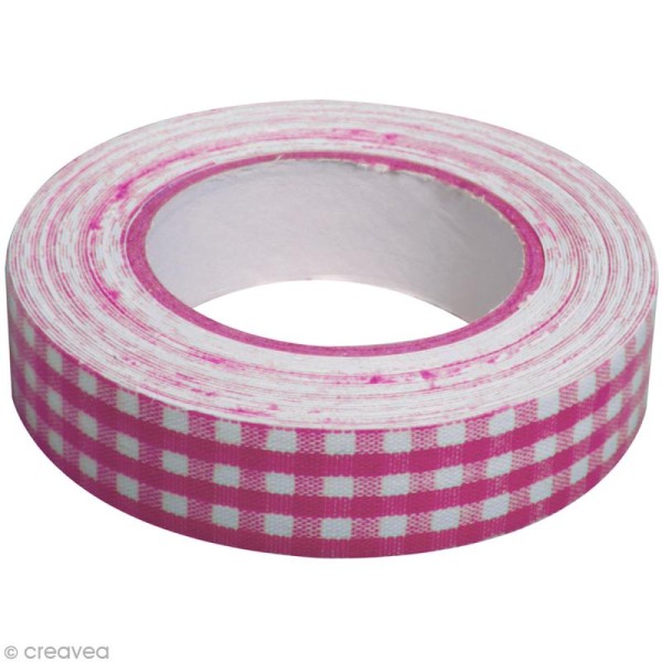 Fabric tape thermofixable - carreaux roses fuchsia - 15 mm x 5 m - Photo n°2