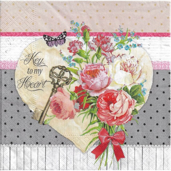 4 Serviettes en papier Cœur Amour Clé Roses Format Lunch Decoupage Decopatch 75143 Nouveau - Photo n°1