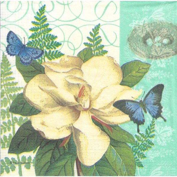 4 Serviettes en papier Fleur Magnolia Papillon Format Lunch Decoupage Decopatch 6282 PPD - Photo n°1