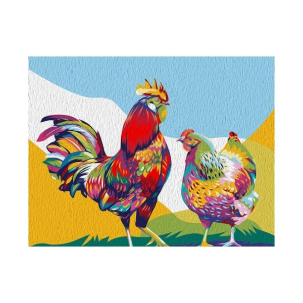Kit de peinture par numéros - Coq et poulet - 50x40cm - Photo n°1