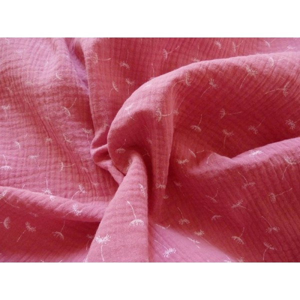 Tissu double gaze motifs pissenlit  rose fraise vendu par 0,50 m - Photo n°1