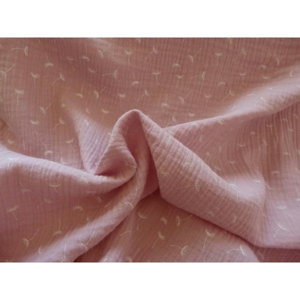 Tissu double gaze motifs pissenlit  rose poudré vendu par 0,50 m - Photo n°1