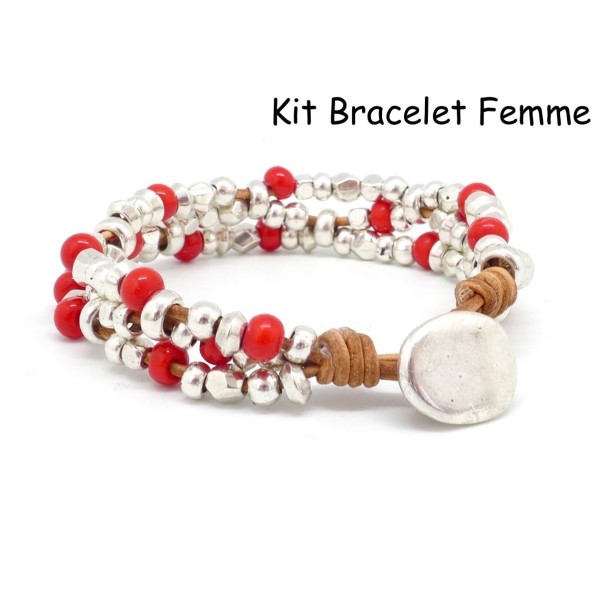 R-kit Bracelet Cuir, Perle Argenté Et Perle Rouge - Bracelet Mila - Photo n°1