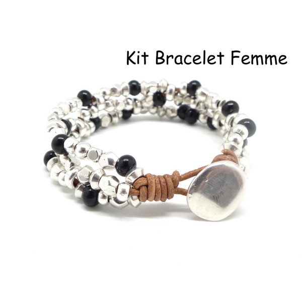 Kit Bracelet Femme Cuir Marron, Perle Argenté Et Perle Noire - Bracelet Mila - Photo n°1