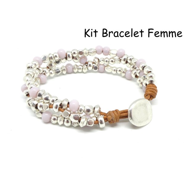 R-kit Bijoux Bracelet Femme Cuir, Perle Argenté Et Perle Rose Pastel - Bracelet Mila - Photo n°1