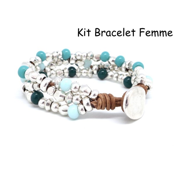Kit Bracelet En Cuir, Perle Argenté Et Perle Assorties Bleu Turquoise, Bleu Pastel Et Vert Foncé - - Photo n°1
