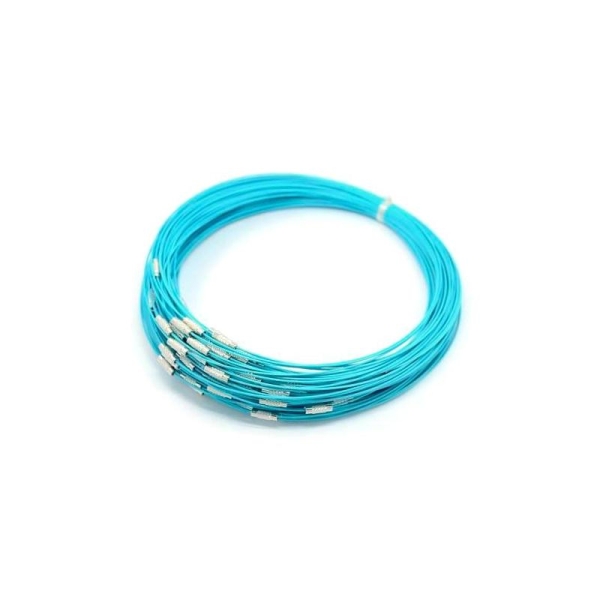 2 Colliers ras de cou tour fil métal câble à vis 44 cm bleu turquoise - Photo n°1
