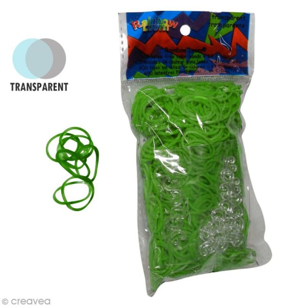 Recharge Rainbow loom 600 élastiques - Vert citron transparent + 24 fermoirs - Photo n°1