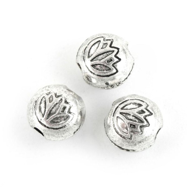 10 perles Métal argentées vieilli ronde Fleur de Lotus 8mm - Photo n°1