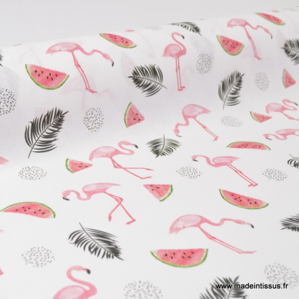 Tissu coton imprimé Flamants, feuilles de palmes et pastèques - Photo n°1