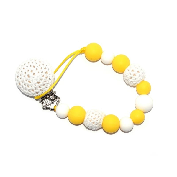 Attache tétine crochet - perles silicones, crochets blanc et jaune - Photo n°1