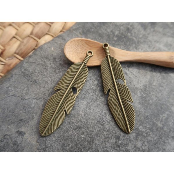 Pendentifs grandes plumes en métal couleur bronze, Breloques pendentifs plumes, 60x15 mm, 1 pc - Photo n°3