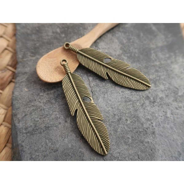 Pendentifs grandes plumes en métal couleur bronze, Breloques pendentifs plumes, 60x15 mm, 1 pc - Photo n°4