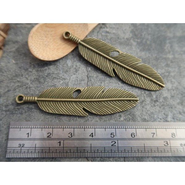 Pendentifs grandes plumes en métal couleur bronze, Breloques pendentifs plumes, 60x15 mm, 1 pc - Photo n°5