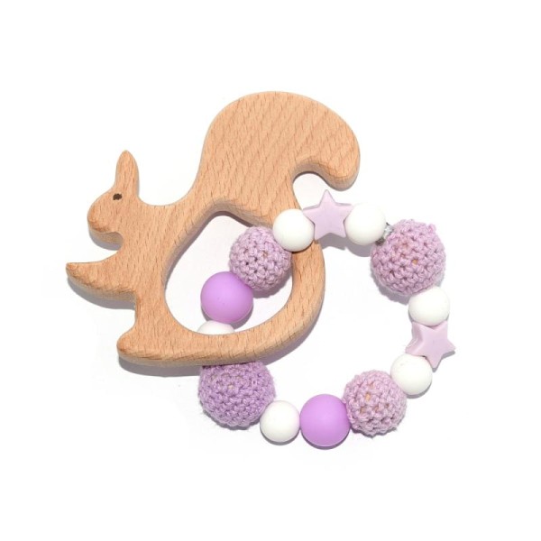Hochet - Anneau de dentition bois en forme d'écureuil ave perles crochets et silicones - Photo n°1