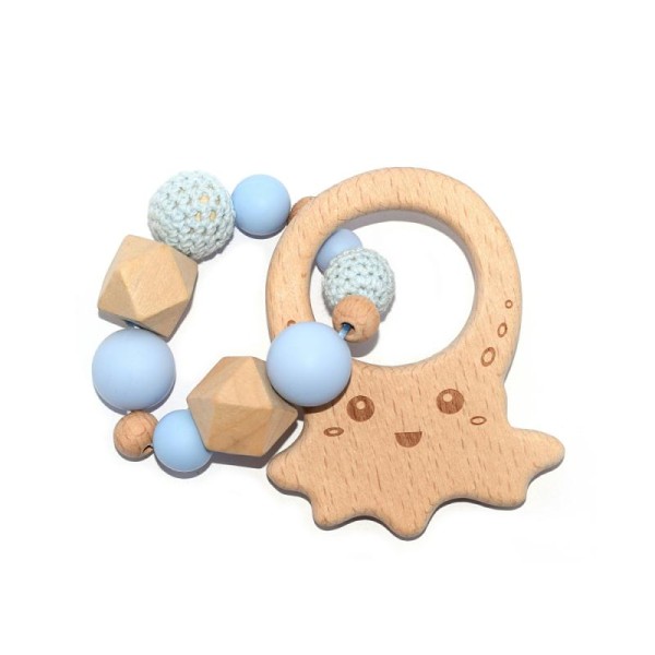 Hochet - Anneau de dentition bois en forme de pieuvre avec perles crochets bleu - Photo n°1