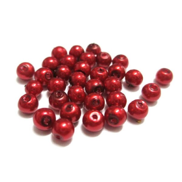 50 Perles Nacré Ronde En Verre Couleur Rouge - Photo n°1