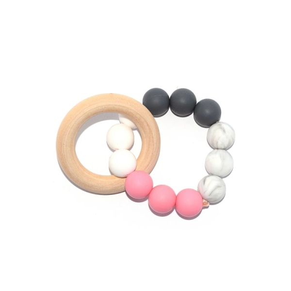 Hochet - Anneau de dentition en bois perles silicones blanc, rose, gris et marbr - Photo n°1