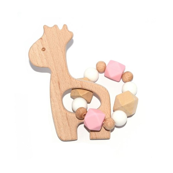 Hochet - Anneau de dentition girafe en bois perles silicones blanc, rose - Photo n°1