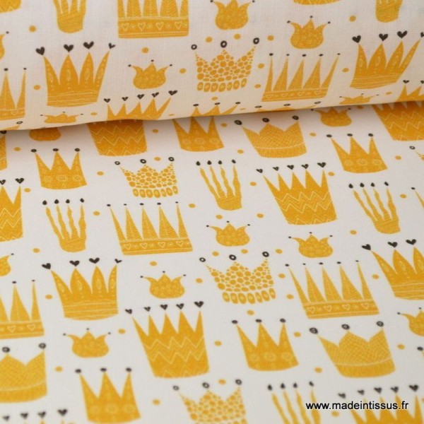 Tissu popeline coton imprimé couronnes jaunes - Photo n°1
