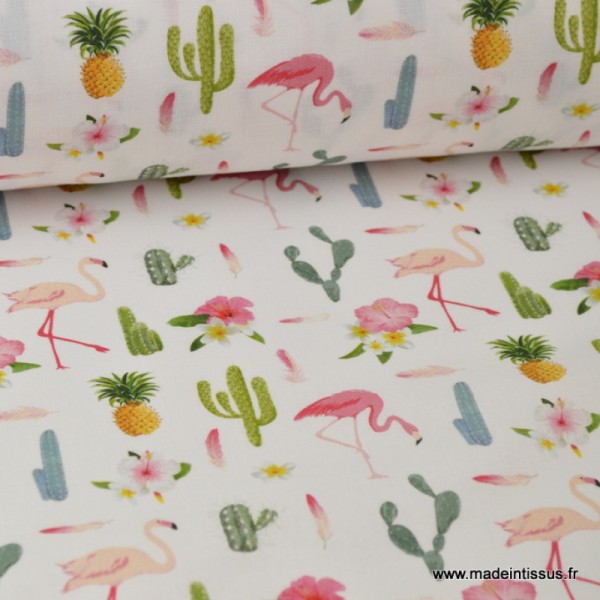 Tissu popeline coton imprimé cactus, ananas et flamants roses - Photo n°1