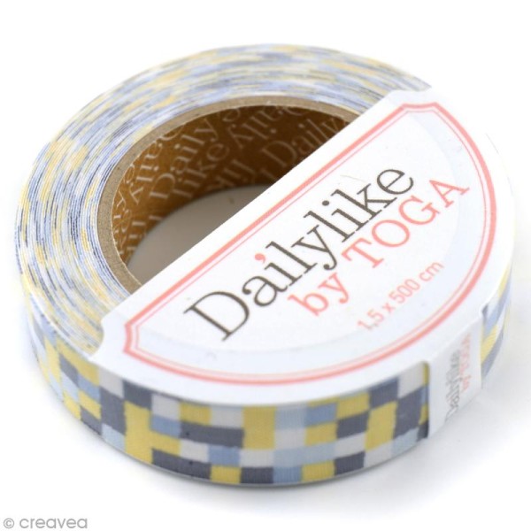 Masking tape tissu - Jaune et bleu - Carrés - Daily Like x 5 m - Photo n°1