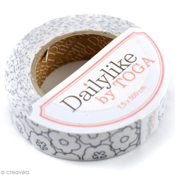 Masking tape tissu - Blanc et noir - Fleurs - Daily Like x 5 m - Photo n°1