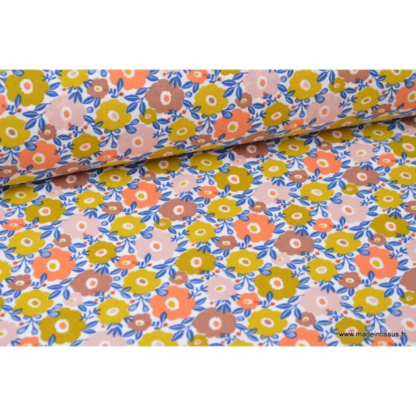 Tissu Cretonne coton imprimé fleurs Camille Litchi - Photo n°1