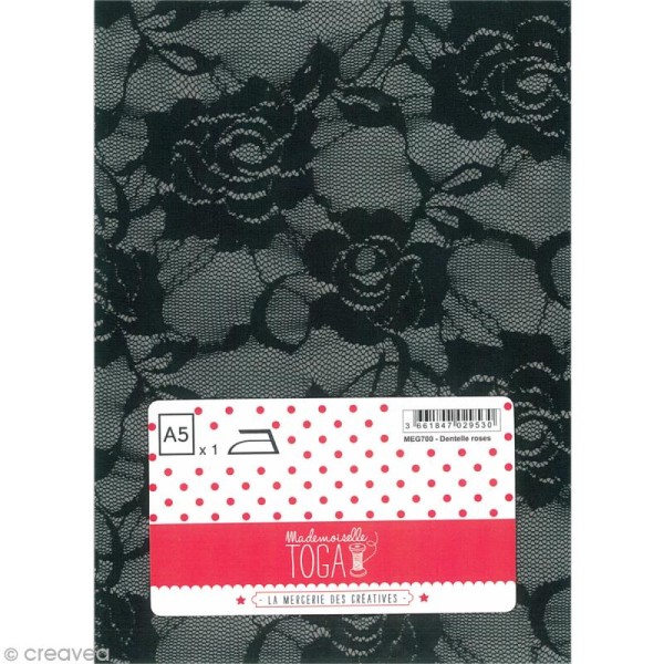 Tissu thermocollant A5 - Dentelle couleur noir motif roses - Photo n°1