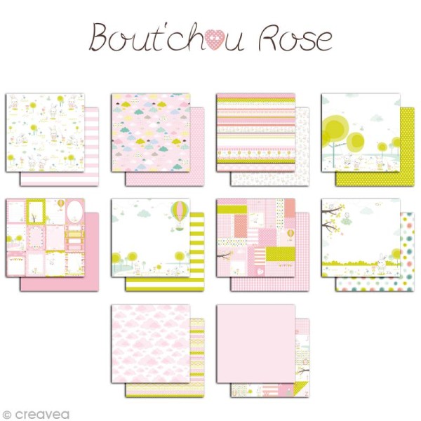 Papier scrapbooking Bout'chou rose - Set 10 feuilles 30,5 x 30,5 cm - Recto Verso - Photo n°2