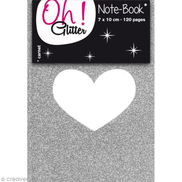 Carnet de notes 10 x 7 cm - Gris glitter avec coeur blanc - 120 pages - Photo n°1
