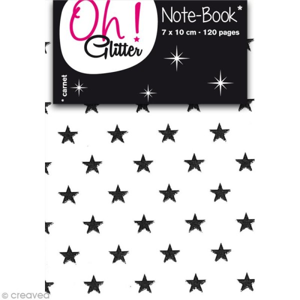 Carnet de notes 10 x 7 cm - Blanc avec étoiles noires glitter - 120 pages - Photo n°1