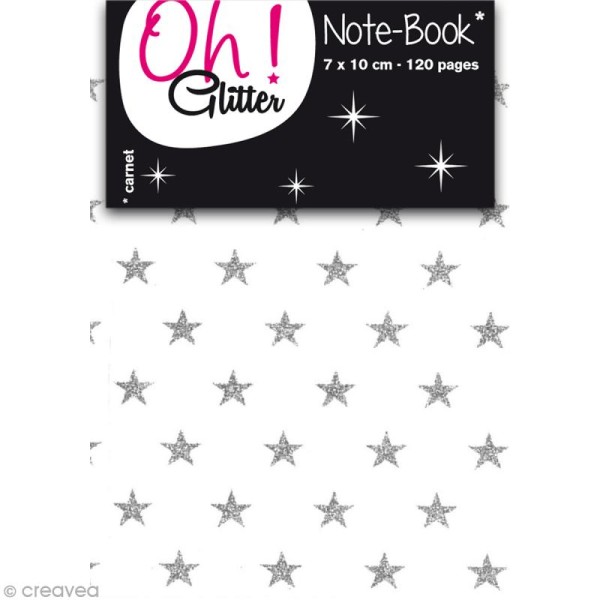 Carnet de notes 10 x 7 cm - Blanc avec étoiles grises glitter - 120 pages - Photo n°1