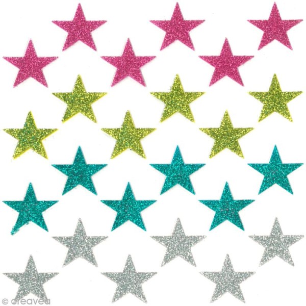 Stickers Oh ! Glitter - Etoiles paillettées - Rose, vert, turquoise et gris argent x 24 - Photo n°2